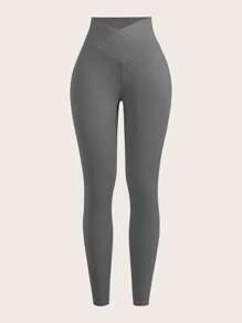 SHEIN EZwear 女士休闲纯色高腰紧身裤 - 灰色 - 查看 6