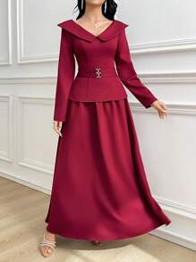 Modelyn Women's 2 Pieces Set: Solid Long Sleeve Top And Skirt - Burgundy - View 2