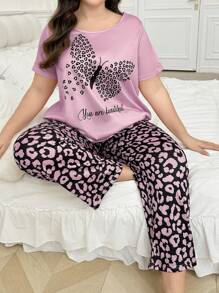 Plus Size Butterfly Print Short Sleeve Top And Leopard Pattern Pants Sleepwear Pajama Set, Outfits - Pink - View 6