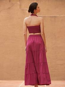 SHEIN Unity 2 件套女士浪漫度假风格手工编织露背短款上衣和宽松多层裙子波西米亚度假时尚风格 - 玫紅色 - 查看 2