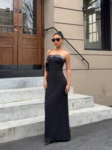 SHEIN EZwear 女士纯色抹胸简约修身优雅连衣裙 - 黑色 - 查看 6