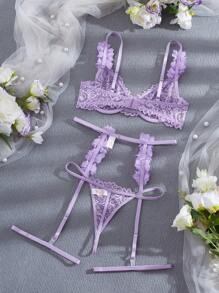 5 件套女士性感内衣套装，包括蕾丝花朵透明钢圈文胸、吊袜带和丁字裤 - 紫色 - 查看 2