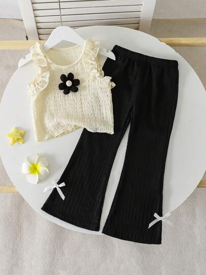 Elladie kids 两件套女童3D立体花朵装饰上衣和蝴蝶印花喇叭裤套装