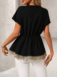 SHEIN Unity Women's Cinched Waist Casual Vacation Golden Lace Trim Blouse - Black - View 2