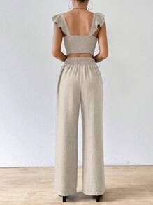 SHEIN Clasi 2pcs Women Plain Top With Cap Sleeve And Pants Set - Apricot - View 2