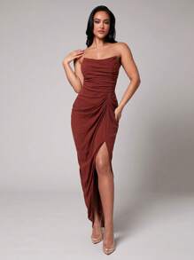 Silquee Einfarbiges gerafftes Kleid mit hohem Schlitz, geeignet für Urlaub, Alltagstragen, Lässig, Abend, Treffen mit Freunden, Strandparty, Poolparty, Frühling/Sommer