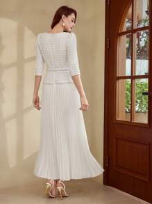 Vintamour Váy midi dệt kim Jacquard thanh lịch cổ điển dành cho nữ, váy xếp ly dài đến đầu gối có tay áo 3/4, váy trắng siêu dài, xuân/hè - trắng - Xem 2