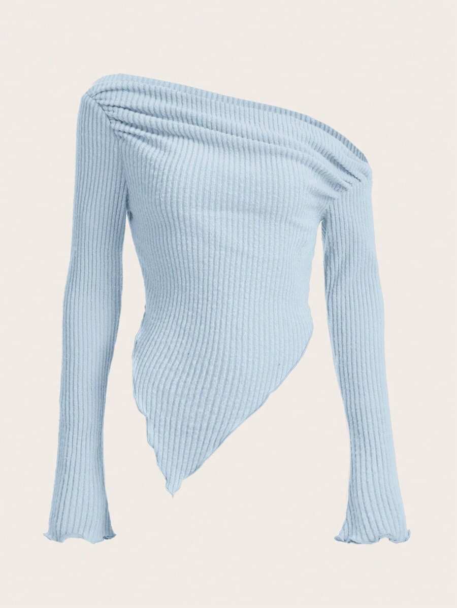 SHEIN ICON Y2K Grunge 不对称领口莴苣边 T 恤 - 淺藍色 - 查看 1