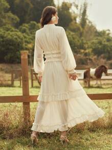 Anewsta Women Spring Wedding Guest Chiffon Dress, Elegant Lantern Sleeve Dress - Apricot - View 2