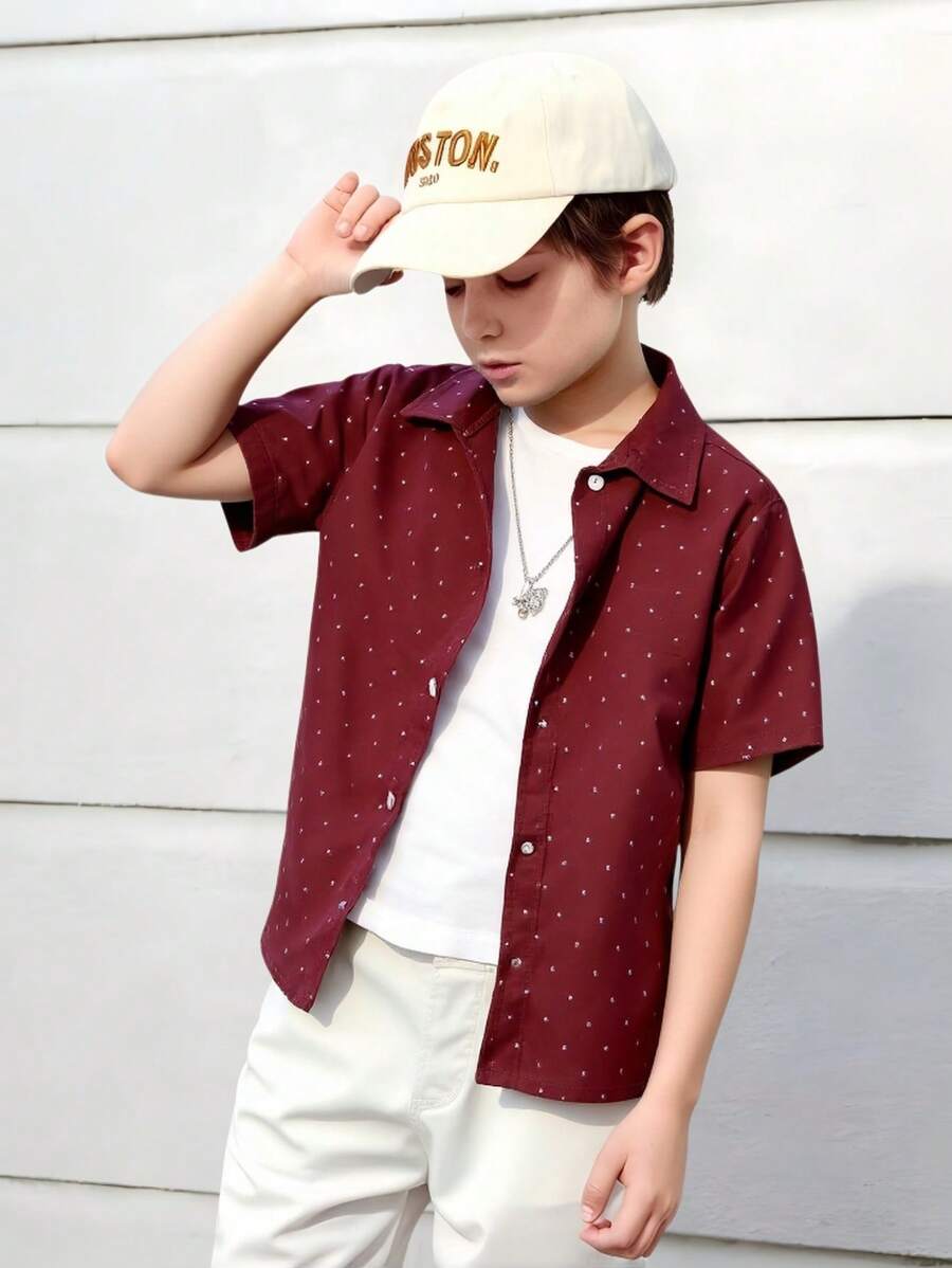 SHEIN Tween Boy Allover Print Shirt Without Tee - Maroon - View 1