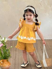SHEIN LMoss Kids LMoss 女婴套装，女童服装套装夏季，幼儿女童夏季服装，春夏