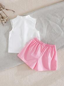 Cozy Pixies Baby Girl Floral Pattern Crew Neck Short Cap Sleeve Shirt & Solid Color Elastic Waist Shorts 2 Pieces Set - Multicolor - View 2