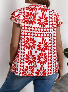 SHEIN LUNE بلوزة كاجوال بأكمام قصيرة للنساء ، أنيقة للاستخدام في العطلات والارتداء اليومي - الأحمر - مشاهدة 2