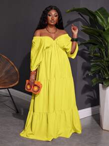 Slaydiva Plus Size Women's Solid Color V-Neck Loose A-Line Dress, Suitable For Beach, Vacation And Casual Wear,Beach Dress Sundress,Holiday Outfits Boho