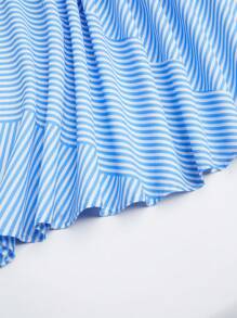 Calvaya Plus Size Women Casual Striped Split Direction Patchwork Decorated A-Line Skirt, Fashionable & Versatile - Blue - View 5
