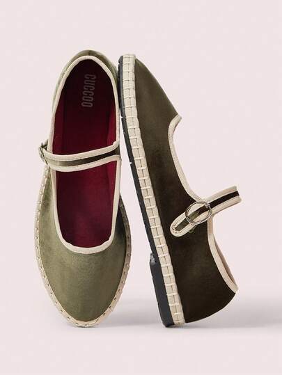 CUCCOO DOLLMOD Women's Dark Green Elegant Velvet Classic Comfortable Velvet Mary Jane Flat Shoes For Christmas Valentine's Day Spring Shoes