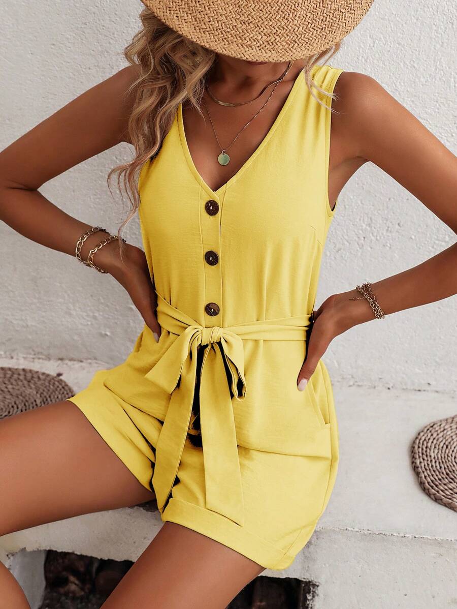 SHEIN LUNE Mono de mujer de unicolor con decoración de botones, cuello en V, sin mangas y con bolsillos - Amarillo - Ver 1