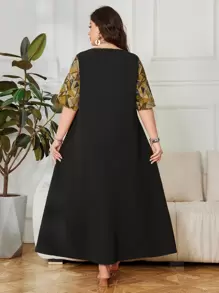SHEIN Lacomfia V-Neck Geometric Digital Printing Patchwork Loose Retro & Generous Plus Size Arabian Dress