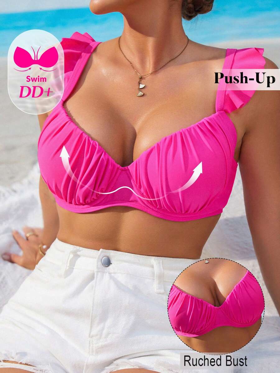 Swim DD+ Women Beach Summer Sexy Underwire DD+ Bust Ruched + Ruffle Strap Swimwear Top - Hot Pink - View 1