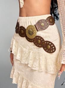 ROMWE Hippie 1 件女士镂空花朵纽扣装饰棕色椭圆形皮革圆形金属孔眼扣腰带，波西米亚西部风格，百搭，适合搭配连衣裙、牛仔裤