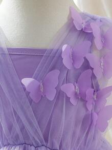 Baby Girls' Dreamy Purple 3D Floral Mesh Strap Party Dress, Suitable For Outing, Performance, Banquets And More Occasions - Purple - View 6