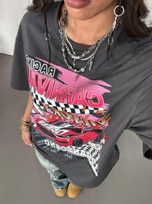 SHEIN EZwear 女士春季汽车和字母印花圆领 T 恤 - 灰色 - 查看 5