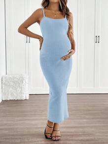 SHEIN Solid Color Bodycon Maternity Slip Dress Blue World Cup - Blue - View 3