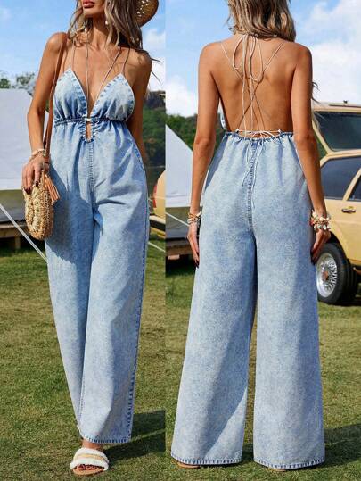 Breezaya Mono vaquero de piernas anchas y sueltas con diseño cruzado en la espalda, estilo occidental para mujer