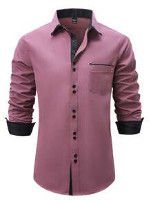 Manfinity Mode Áo sơ mi nam cổ bẻ màu tương phản thường ngày đi làm, mùa thu, áo dài tay - Bụi hồng - Xem 3