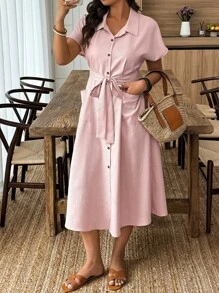 Đầm sơ mi tay ngắn màu trơn phong cách nghỉ dưỡng thường ngày cho nữ cỡ lớn - Hồng - Xem 1