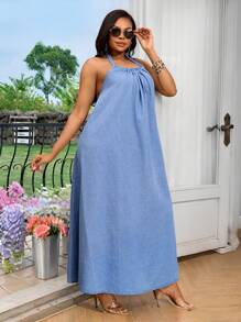 SHEIN SXY Plus Size Back Tie Ruched Sleeveless Casual Denim Sexy Dress Plus Size Summer Dresses Vacation Summer Outfit - Blue - View 5