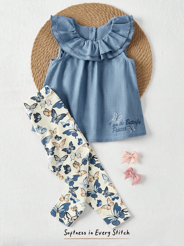 Cozy Pixies 2 peças/conjunto bebê meninas carta impressão babados gola redonda top e floral elástico cintura calças