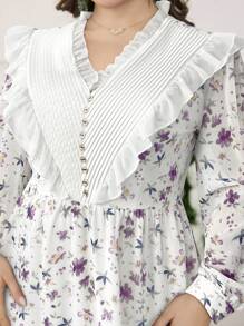 Modelyn 大码女式 V 领褶皱荷叶边长袖碎花连衣裙，优雅修身 - 彩色 - 查看 4