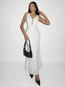 Chiquease 女士时尚甜美优雅深 V 领提花蕾丝露背系腰鱼尾下摆连衣裙，春夏