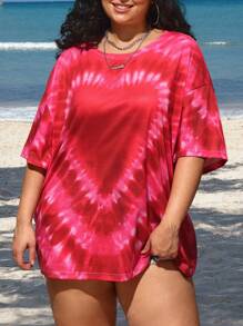 SHEIN CURVE+ Camiseta holgada con estampado de teñido anudado con forma de corazón para mujeres talla grande - Rojo - Ver 7