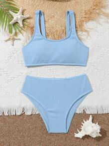 Conjunto de biquíni com gola redonda de cor sólida para meninas adolescentes, roupa de banho para a praia, férias de verão