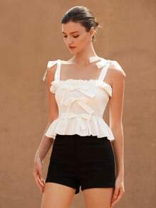 GENKIRA White Color-Blocked Ruffles Design Shoulder Strap Bowknot Front Mid Bowknot Decor Elegant Romantic Vacation Leisure Women Camisole - White - View 1
