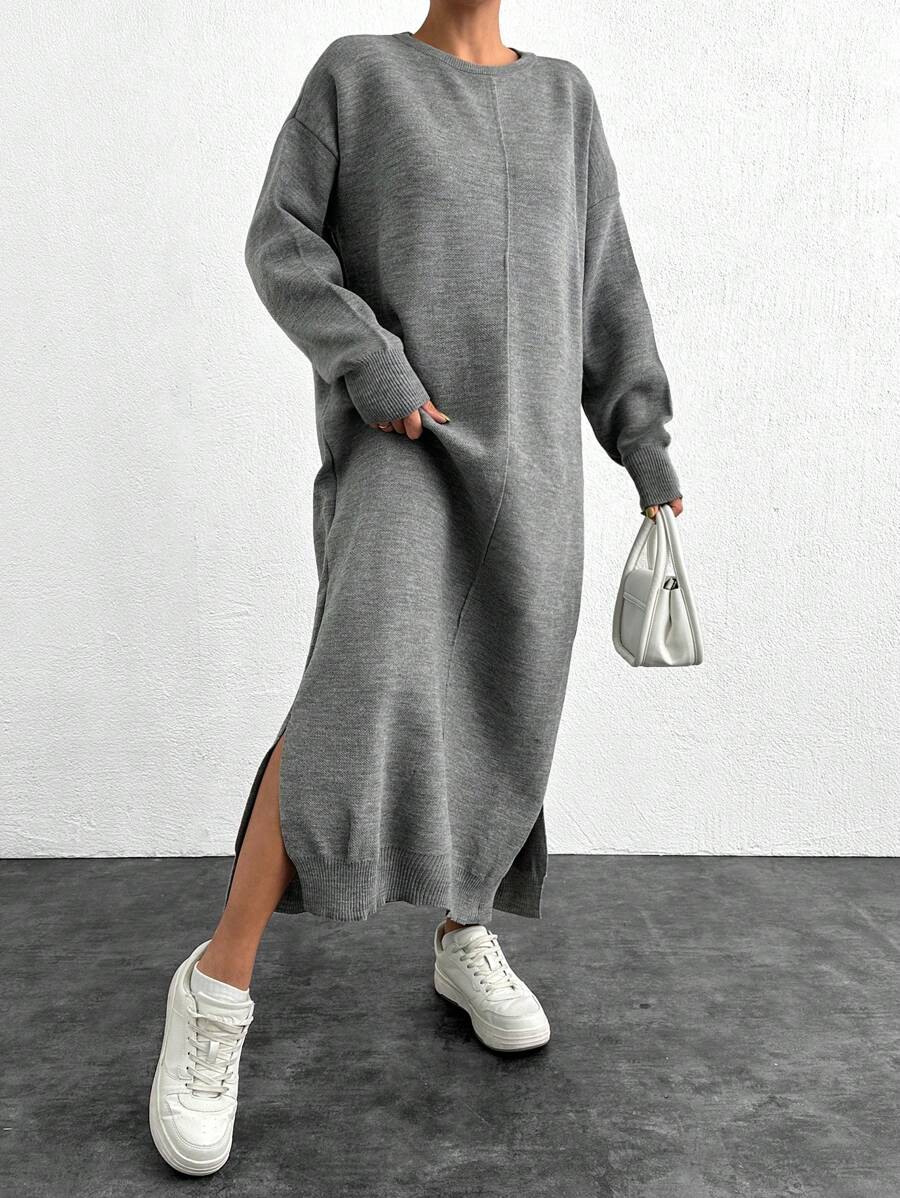 RueChic Drop Shoulder Sweater Dress Solid Color - Light Grey - View 1