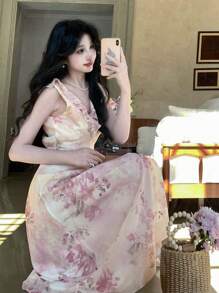 DAZY Mid-Length Floral Ruffle Slit Women Dress Prom Dress Sundress