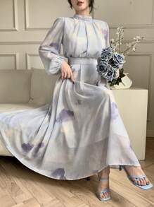 DAZY 女式中长款碎花度假连衣裙，春秋季优雅长袖连衣裙