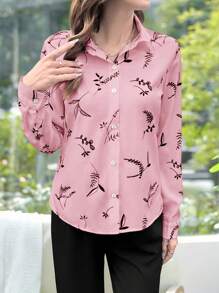 EMERY ROSE Áo sơ mi dài tay họa tiết hoa thanh lịch giản dị dành cho nữ, màu mơ - Hồng - Xem 4