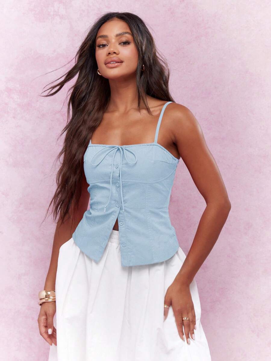 MISSGUIDED 棉质纽扣-前挤奶女工Cami上衣褶皱紧身胸衣风格夏季背心办公室休闲旅行日常穿衬衫必备 - 藍色 - 查看 1