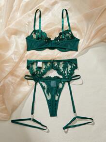 Esselle 5pcs Women's Embroidered Mesh Sexy Lingerie Set For Going Out - Dark Green - View 2