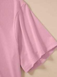 INAWLY Set Kaos Lengan Pendek dan Celana Pendek Wanita Ukuran Besar Warna Polos Sederhana untuk Sehari-hari - Baby Pink - View 3