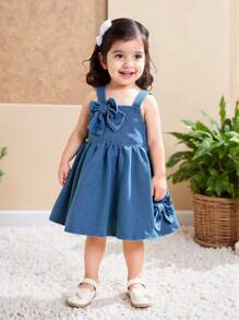 Souflis Souflis Baby Girls Casual Fashion Denim Bow Decor Sweet Strap Dress, Suitable For Summer Outdoor Party
