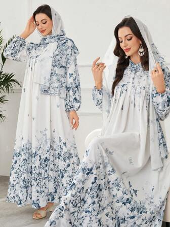 Al Najma Ruched Flower Print Elegant Dress With Headscarf Fall Cloth For Women