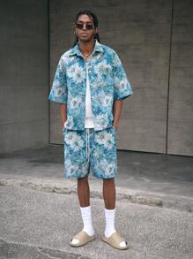 AXEPEAK Conjunto de camisa de manga corta con ajuste holgado y pantalón corto, tejido jacquard, estilo urbano para hombre