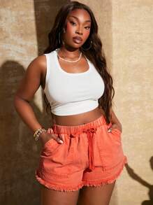 SHEIN SXY 加大码女式复古水洗复古松紧腰流苏下摆短裤，适合日常穿着、音乐节、音乐会、狂欢派对、海滩度假、约会之夜、生日、单身派对、俱乐部、可爱、休闲、购物、街头服饰、外出，易于搭配且看起来修身，凸显您的身材，修饰身材 - 橘色 - 查看 9