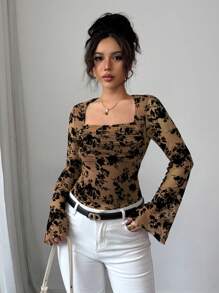 Elenzga Women's Floral Flocked Mesh Square Neck Long Sleeve Elegant T-Shirt For Spring Outfit