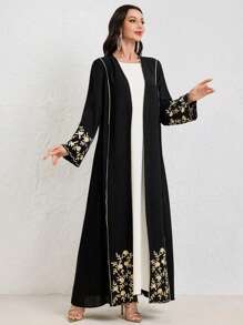 Al Najma Women's Floral Embroidered Long Sleeve Open Front Abaya, Modest Robe - Black - View 6